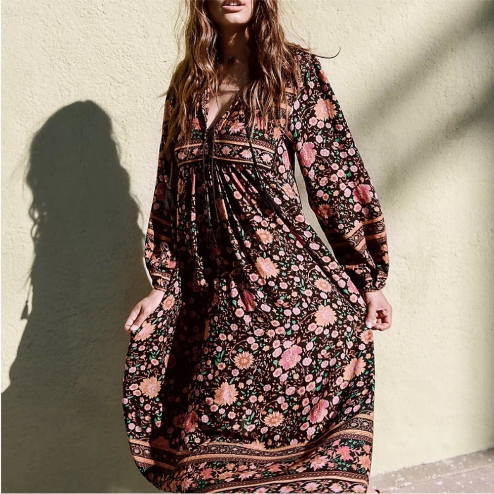 Spell Black Floral Midi Dress with Pink & Orange Blooms
